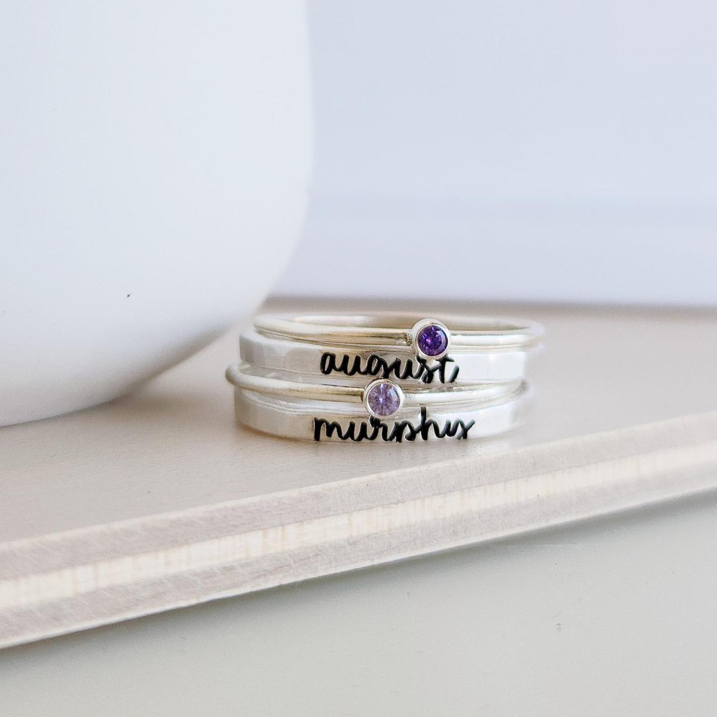 Birthstone Ring Set Stackable Personalized Name Rings Custom Mother Gift  Engraved Jewelry
