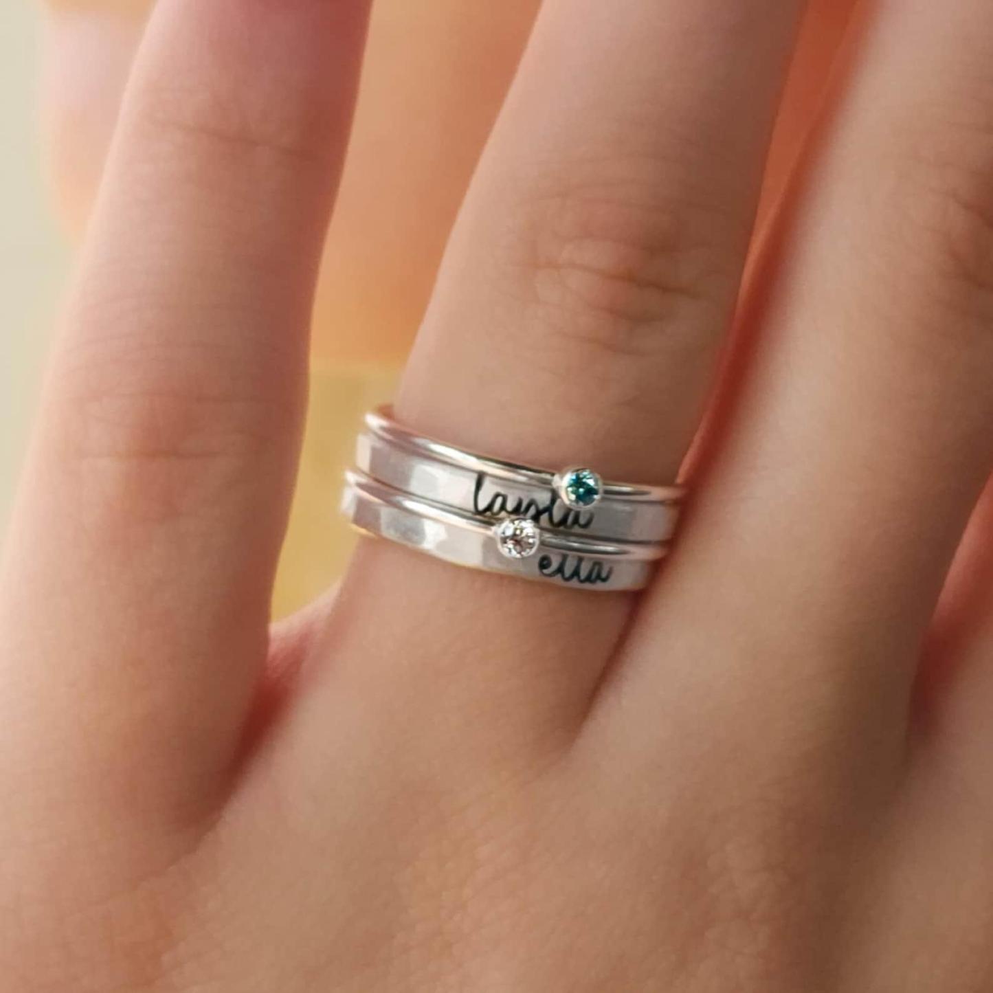 Birthstone Ring Set Stackable Personalized Name Rings Custom Mother Gift  Engraved Jewelry