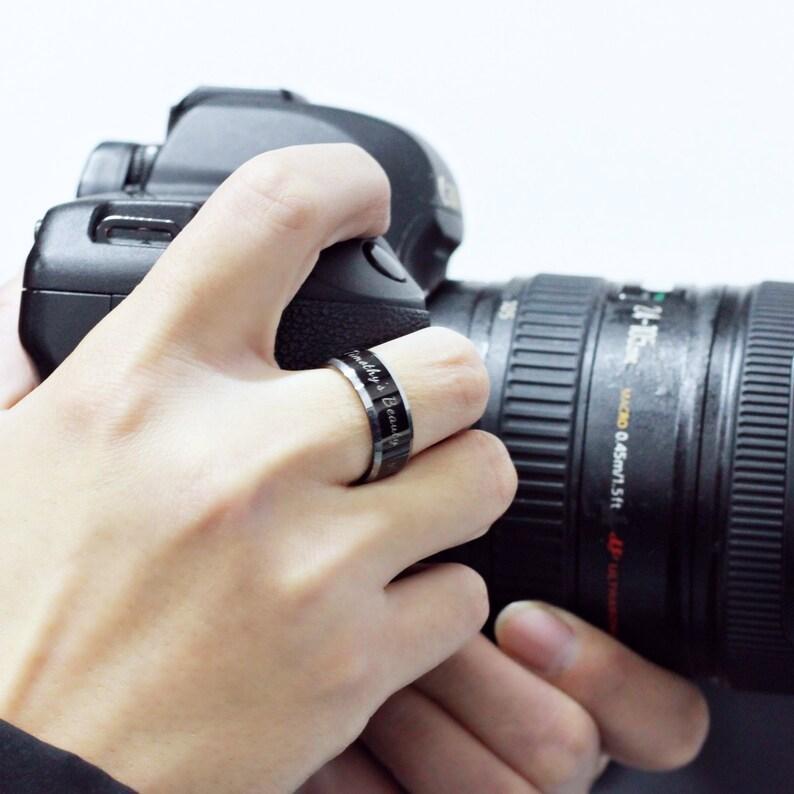 Custom Engrave Black Tungsten Carbide 8MM Mens Ring, Polished Silver Bevelled Edge, Mens Anniversary Wedding Engagement Ring, Birthday Gift