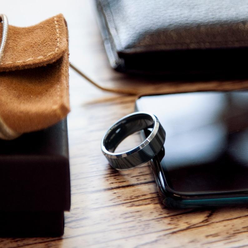 Custom Engrave Black Tungsten Carbide 8MM Mens Ring, Polished Silver Bevelled Edge, Mens Anniversary Wedding Engagement Ring, Birthday Gift