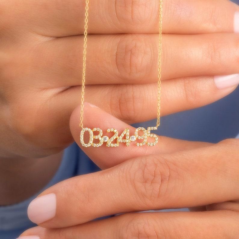 Custom Date & Zircon Keepsake Personalized Date Necklace with a Sparkling Stone Elegant Birthdate Necklace with Zircon Anniversary Gift