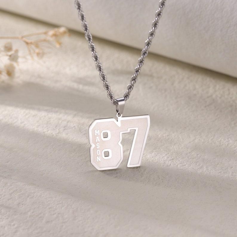 Custom Engraved Sport Number Necklace with Name|Year Necklace|Personalized Lucky Pendant|Baseball and Sports Team Number