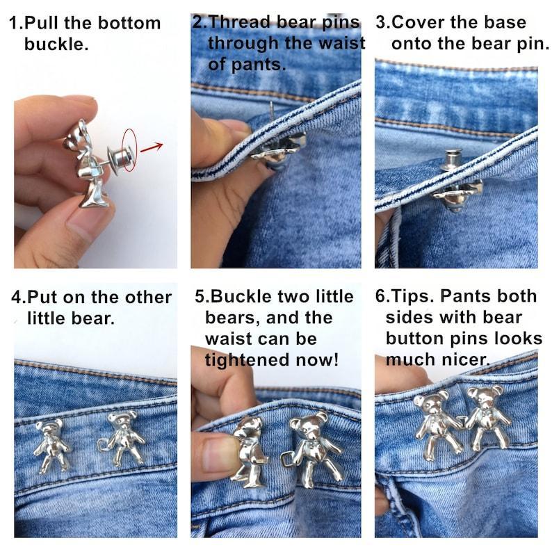 Bear Jeans Button Pins Reduce Pants Waist In Second, No Sew Need, Removable Metal Fastener for Jeans Denim Jacket, Cloth Decor