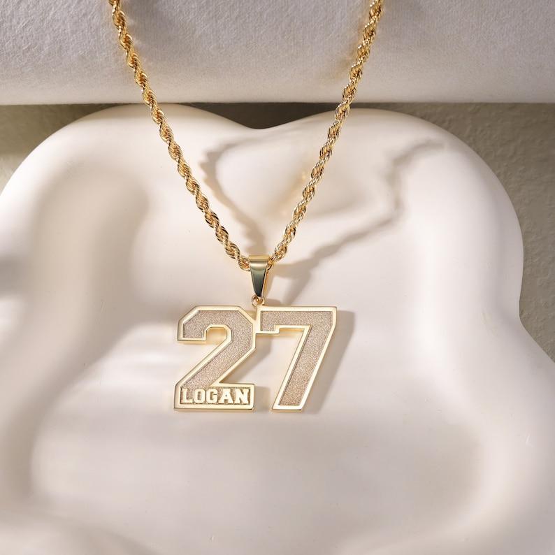 Custom Frosted Sport Number Necklace with Name Year Necklace & Personalized Lucky Sports Team Number For Son And Husband