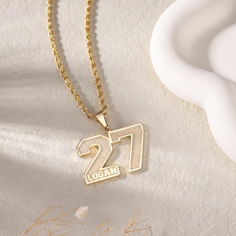 Custom Frosted Sport Number Necklace with Name Year Necklace & Personalized Lucky Sports Team Number For Son And Husband
