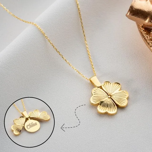 Lucky Clover Necklace Custom Secret Message Name Necklace Personalized Hidden Message Necklace Gifts for Her