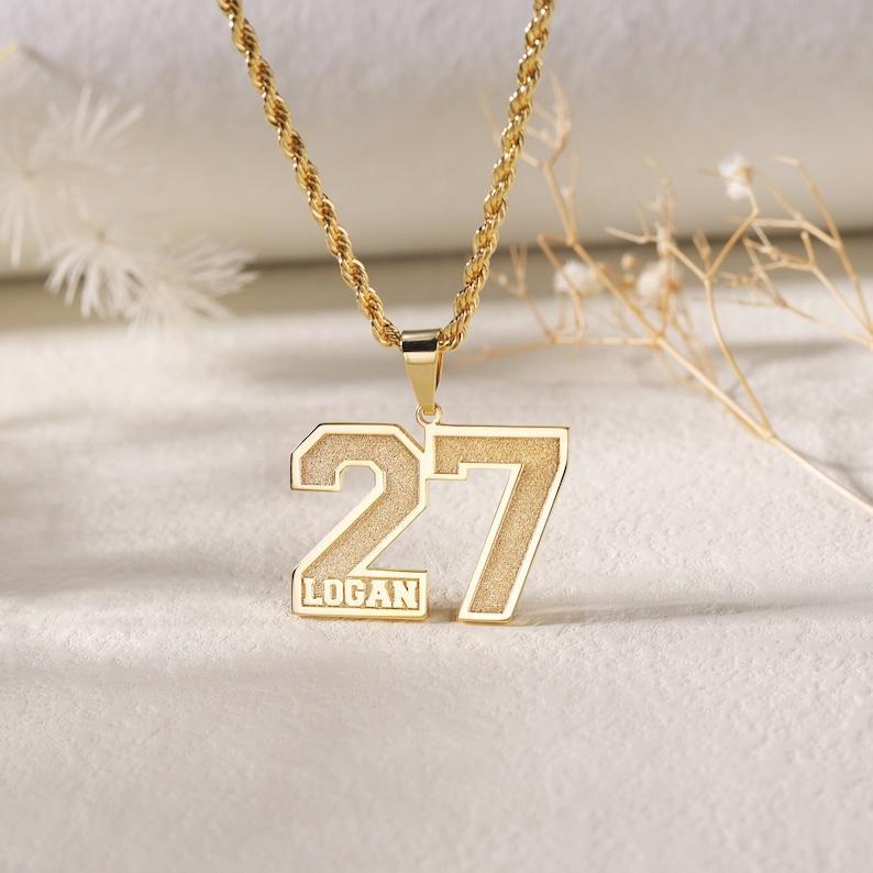 Custom Frosted Sport Number Necklace with Name Year Necklace & Personalized Lucky Sports Team Number For Son And Husband