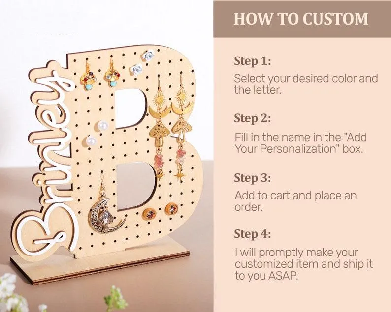 Personalized Earring Holder - Custom Earring Display, Wood Jewelry Organizer, Mother's Day Gift, Gifts for Girlfriend, Birthday Gift for Her