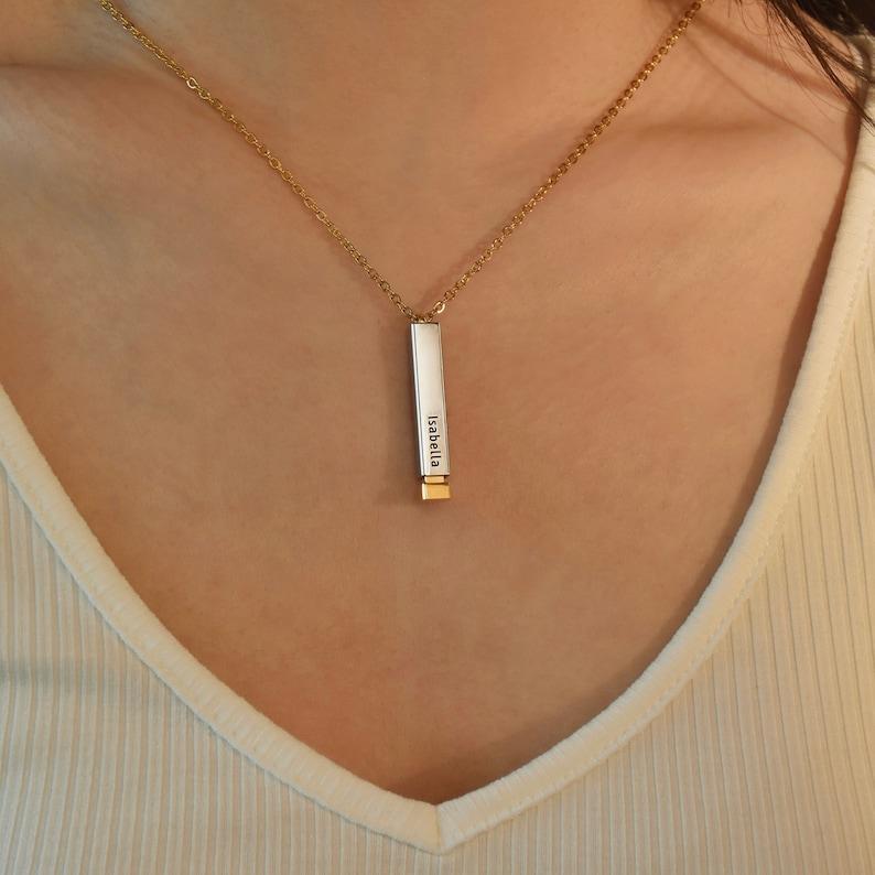 Retractable 3D Bar Necklace, Personalized Hidden Message Necklace, Engraved Message Bar, Name Bar Necklace, Bridesmaid Gift,Gift For Him/Her