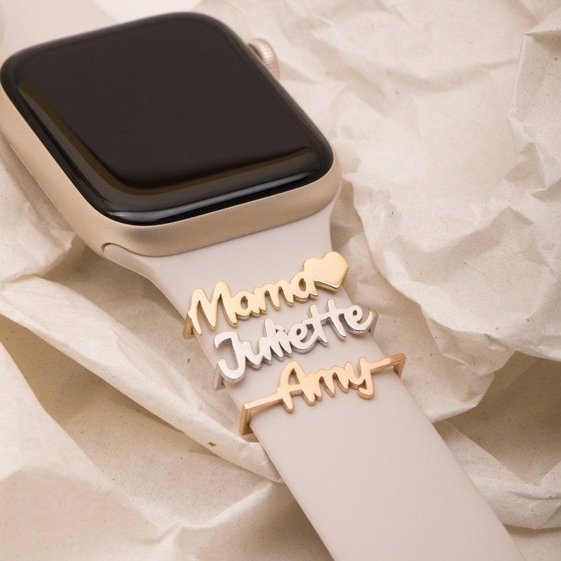 Custom Apple Watch Name Mama Tag Charm, Personalize Smart Watch Straps Charm, Solid Gold Smart Watch Tag, Name Figure Accessories