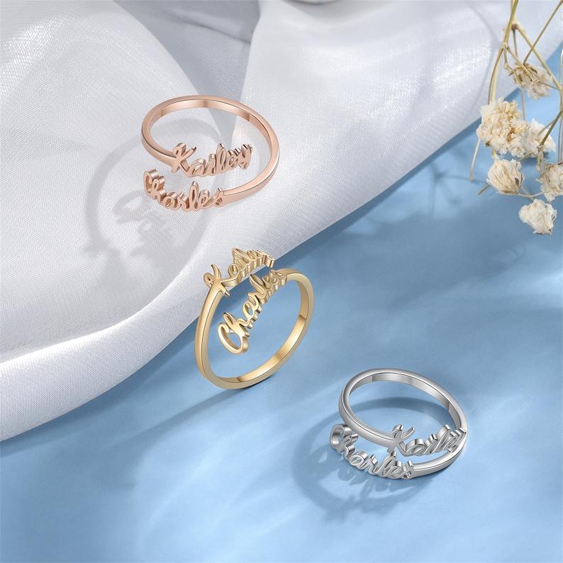Double Name Ring, Two Name Ring, Adjustable Ring, Ring for Women, Personalized Gift for Mom, Best Friend Gift, Birthday Gifts