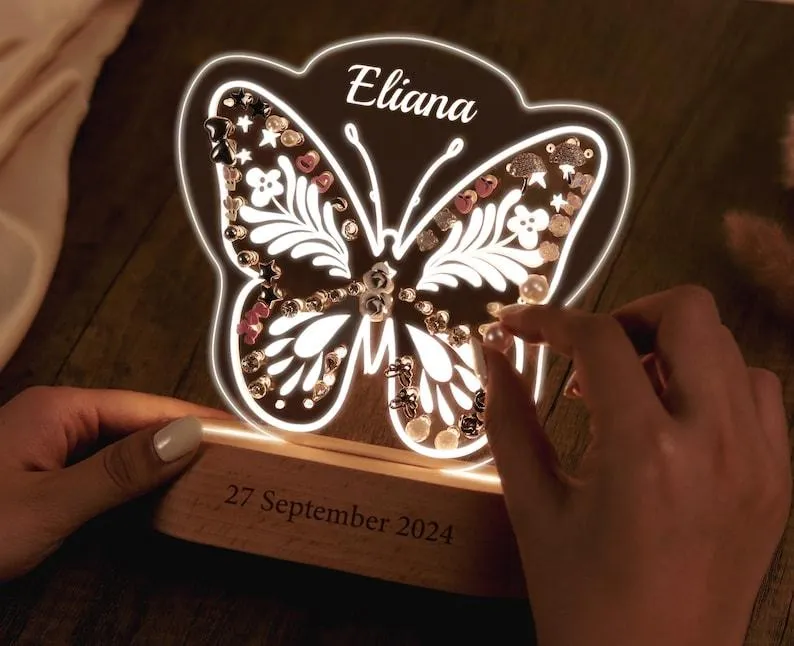 Personalized Acrylic Earring Holder - Custom Night Light, Butterfly Earring Holder, Kids Room Decor, Gifts for Girls, Kids Birthday Gifts