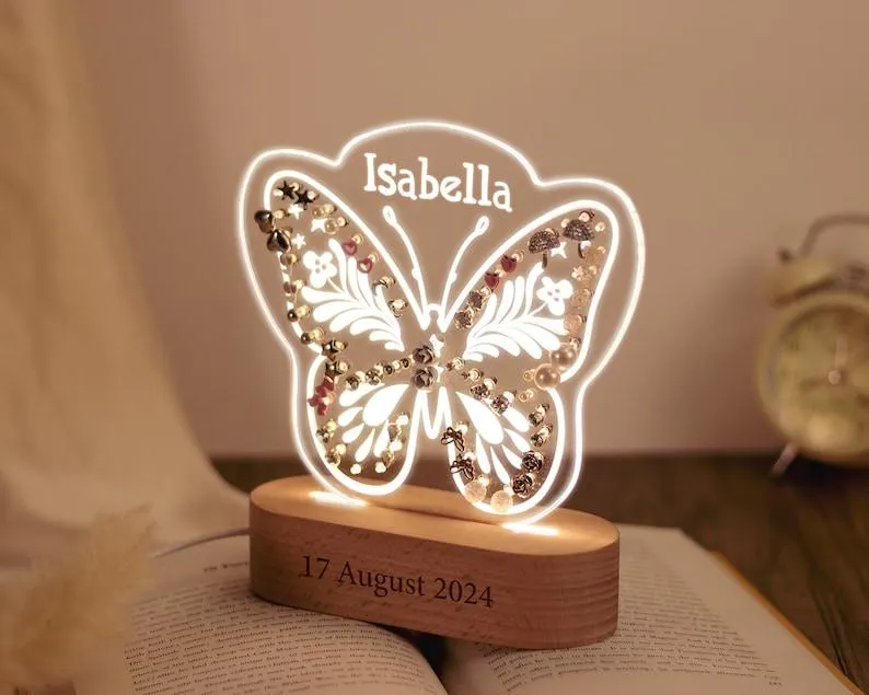 Personalized Acrylic Earring Holder - Custom Night Light, Butterfly Earring Holder, Kids Room Decor, Gifts for Girls, Kids Birthday Gifts