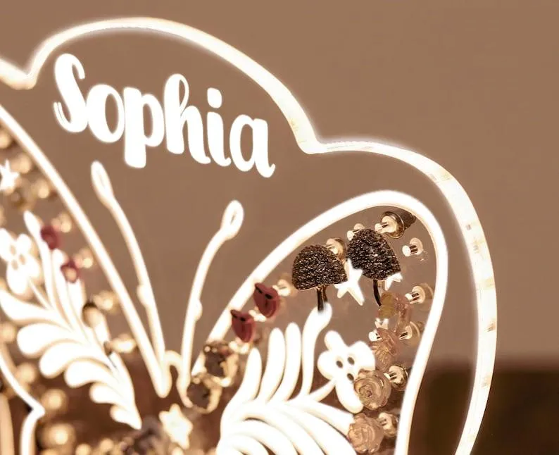 Personalized Acrylic Earring Holder - Custom Night Light, Butterfly Earring Holder, Kids Room Decor, Gifts for Girls, Kids Birthday Gifts