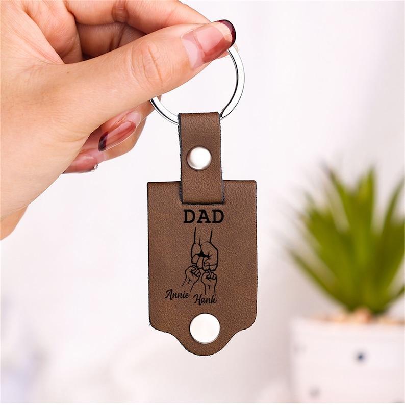 Personalized Picture Keychain for Dad, Fist Bump Custom Kids Name Keyring,Mens Leather Keychain, Anniversary Gifts for Him, Fathers Day Gift