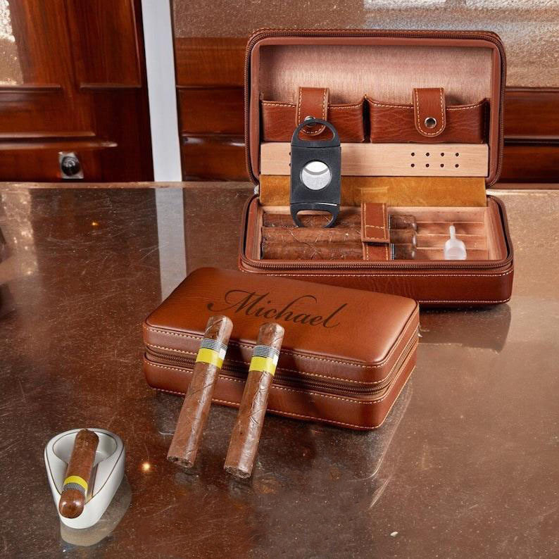 Personalized Leather Cigar Humidor Case Custom Engraved Cigar Box with Wood Interior Portable Humidor Gift for Men