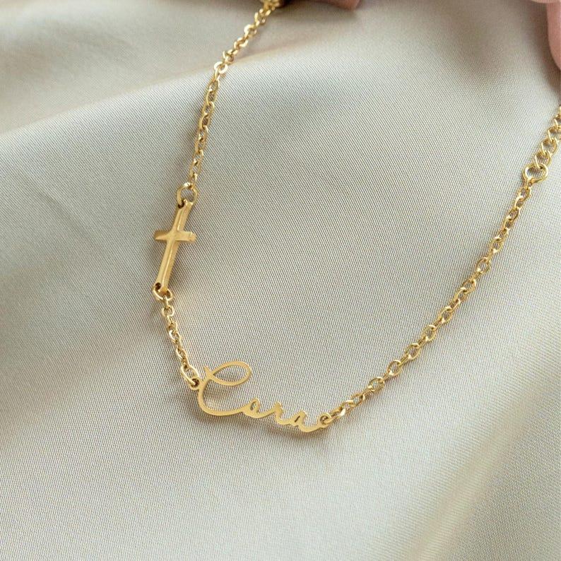 Personalized Cross Name Necklace Custom Minimalist Necklace Personalized Baptism Gift Religious Jewelry Dainty Gold Cross Pendant