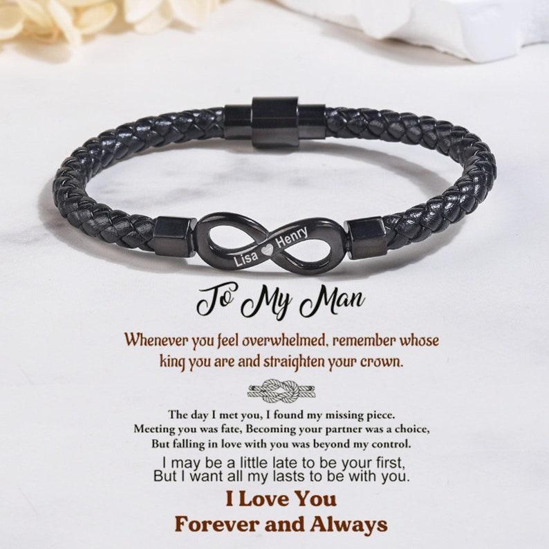 Personalized Infinity Bracelet with Custom Names  "To My Man" Engraved Infinity Symbol Anniversary Gift for Him Husband Gift from Wife