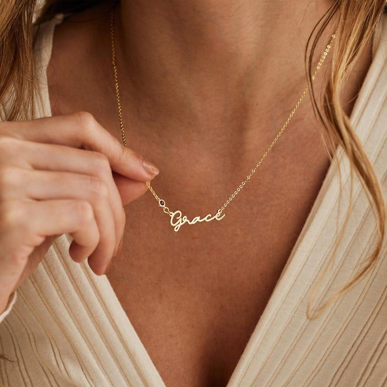 Personalized Name Necklace with Birthstone Custom Name Necklace with Birthstone Accent Minimalist Birthstone Name Necklace Gift for Her