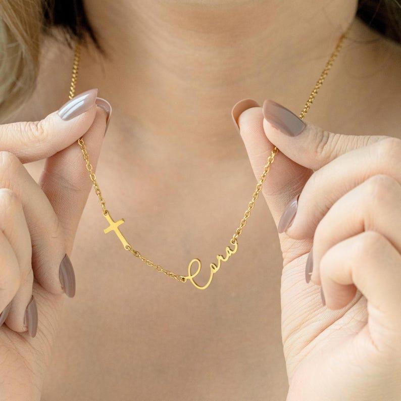 Personalized Cross Name Necklace Custom Minimalist Necklace Personalized Baptism Gift Religious Jewelry Dainty Gold Cross Pendant