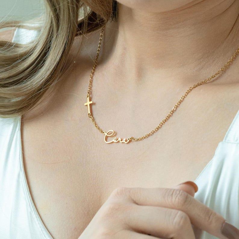 Personalized Cross Name Necklace Custom Minimalist Necklace Personalized Baptism Gift Religious Jewelry Dainty Gold Cross Pendant