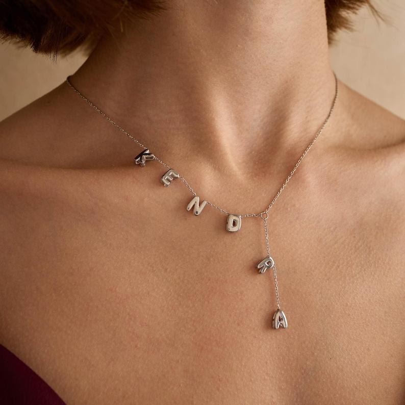 Personalized Lariat Name Necklace Custom Bubble Name Name Necklace Y Shape Name Necklace All Silver Letters Name Necklace Christmas Gift