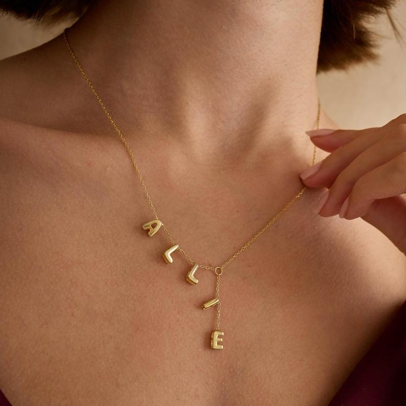 Personalized Lariat Name Necklace Custom Bubble Name Name Necklace Y Shape Name Necklace All Silver Letters Name Necklace Christmas Gift