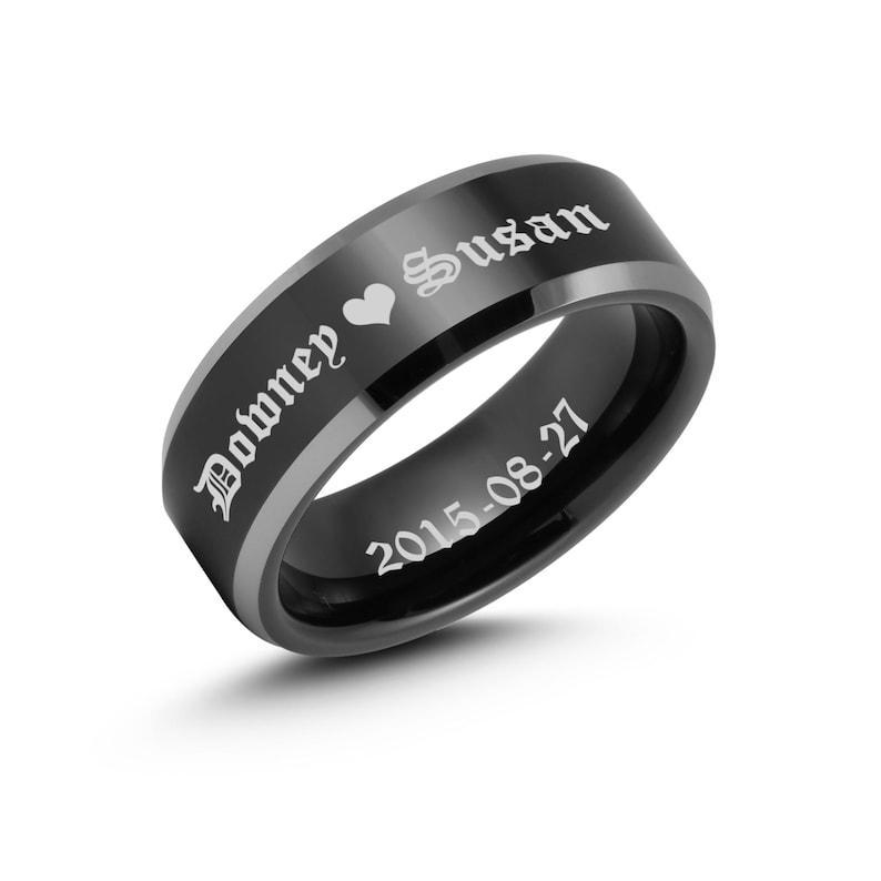 Custom Engrave Black Tungsten Carbide 8MM Mens Ring, Polished Silver Bevelled Edge, Mens Anniversary Wedding Engagement Ring, Birthday Gift