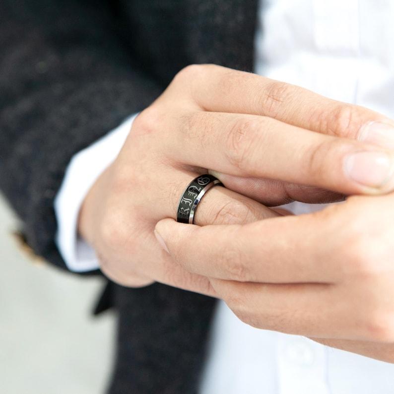 Custom Engrave Black Tungsten Carbide 8MM Mens Ring, Polished Silver Bevelled Edge, Mens Anniversary Wedding Engagement Ring, Birthday Gift