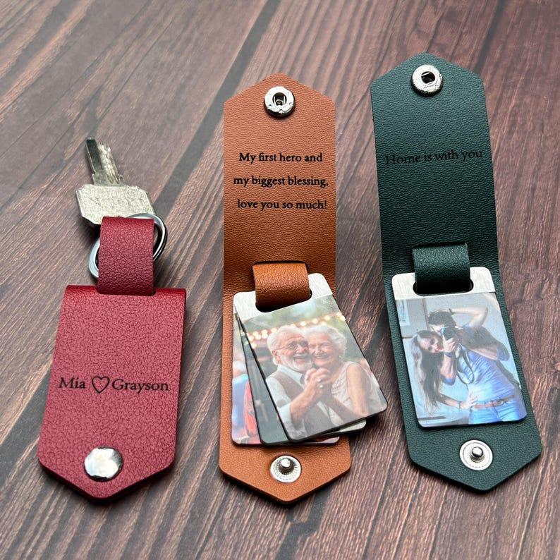 Custom Photo Leather Keychain Personalized Engraved Keychain for Him Metal Tag & Leather Key Fob Photo Leather Keychain