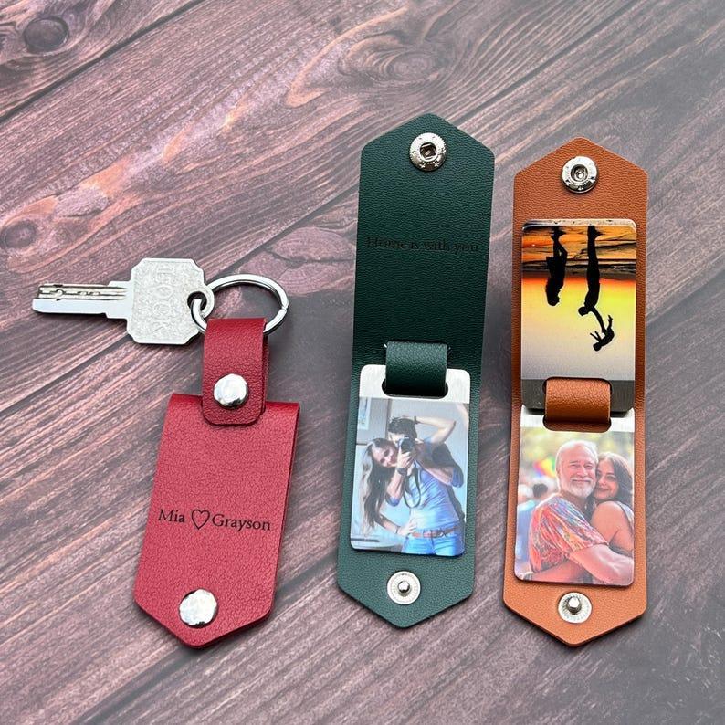 Custom Photo Leather Keychain Personalized Engraved Keychain for Him Metal Tag & Leather Key Fob Photo Leather Keychain