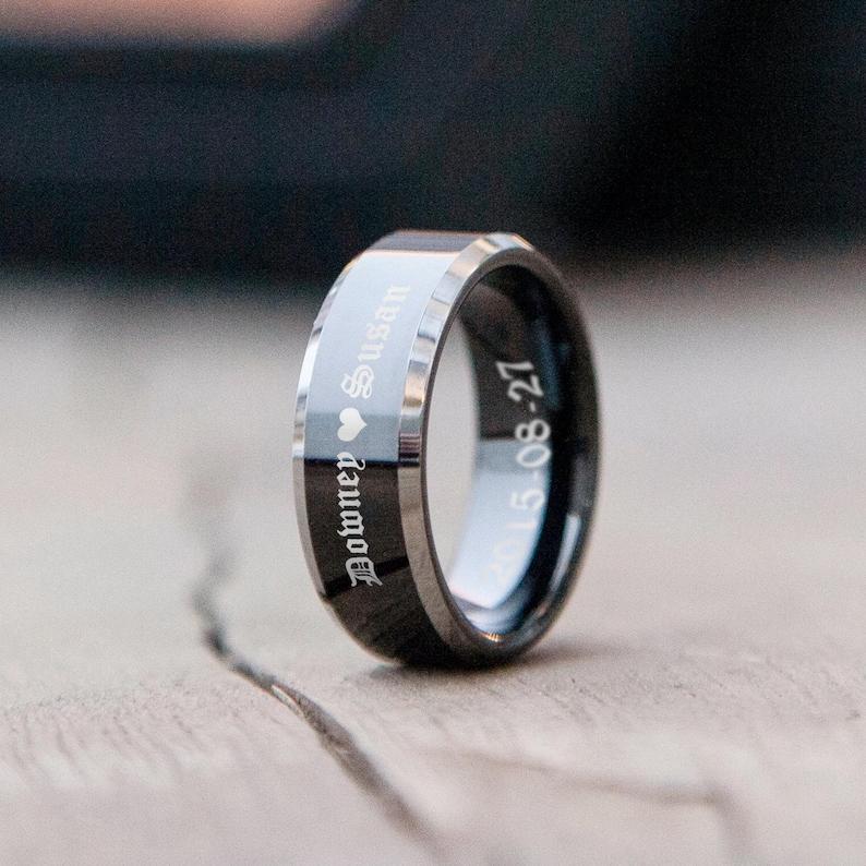 Custom Engrave Black Tungsten Carbide 8MM Mens Ring, Polished Silver Bevelled Edge, Mens Anniversary Wedding Engagement Ring, Birthday Gift
