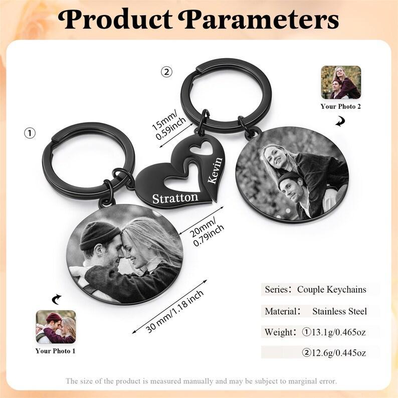 Matching Couple Keychain Set, Engrave Keychain with Photo, Heart Keychain, Gift For Him, Valentine's Day Gift, Matching Keyring