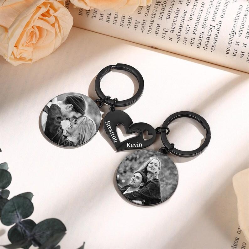 Matching Couple Keychain Set, Engrave Keychain with Photo, Heart Keychain, Gift For Him, Valentine's Day Gift, Matching Keyring