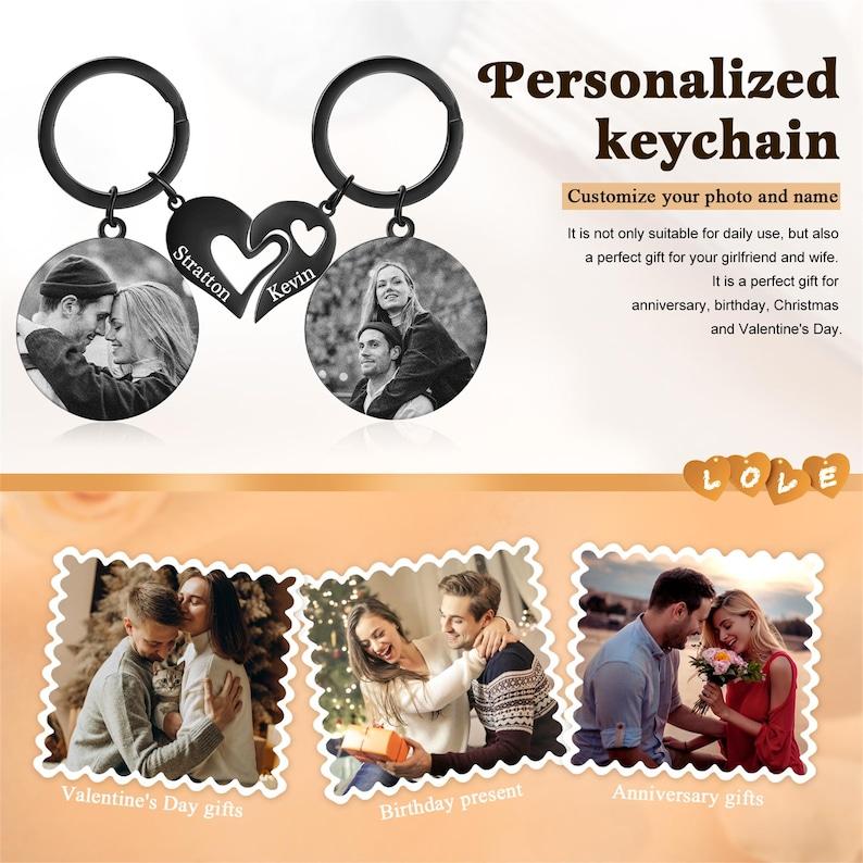 Matching Couple Keychain Set, Engrave Keychain with Photo, Heart Keychain, Gift For Him, Valentine's Day Gift, Matching Keyring
