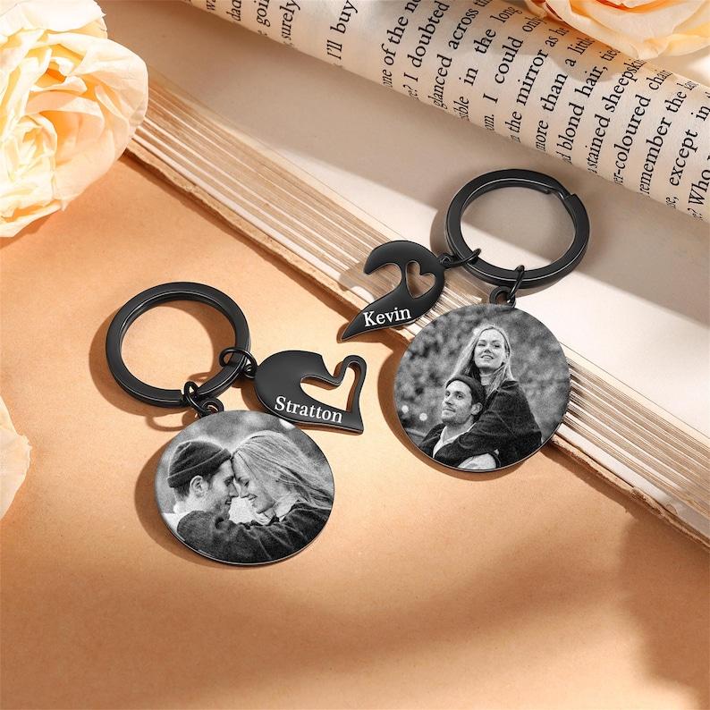 Matching Couple Keychain Set, Engrave Keychain with Photo, Heart Keychain, Gift For Him, Valentine's Day Gift, Matching Keyring