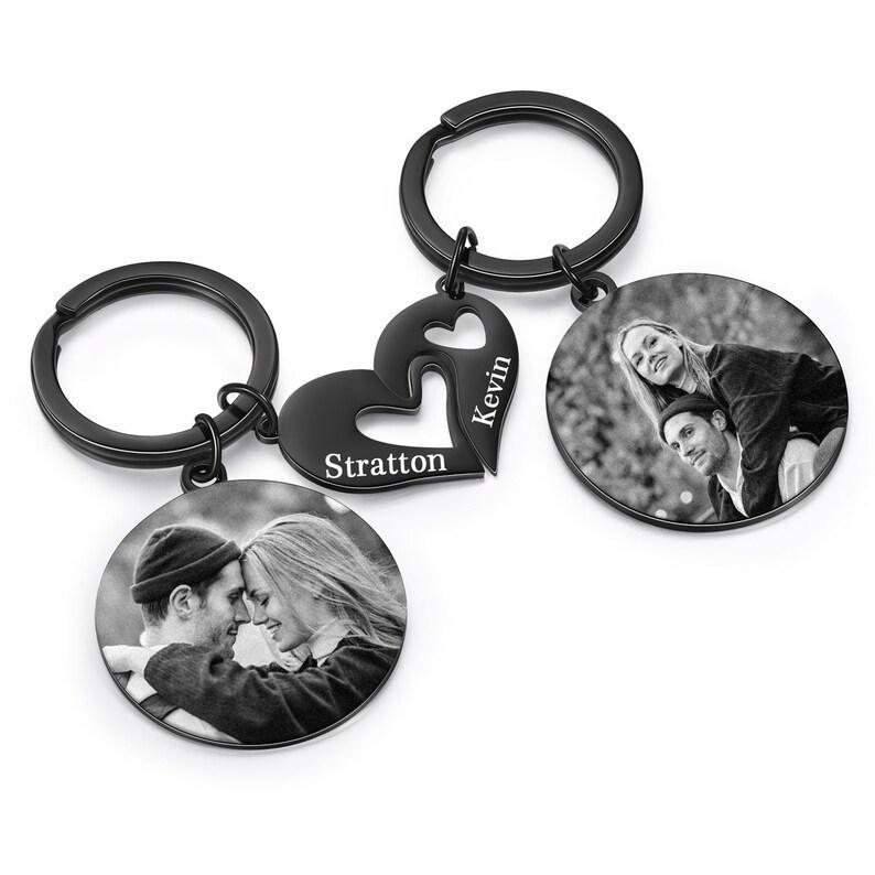 Matching Couple Keychain Set, Engrave Keychain with Photo, Heart Keychain, Gift For Him, Valentine's Day Gift, Matching Keyring