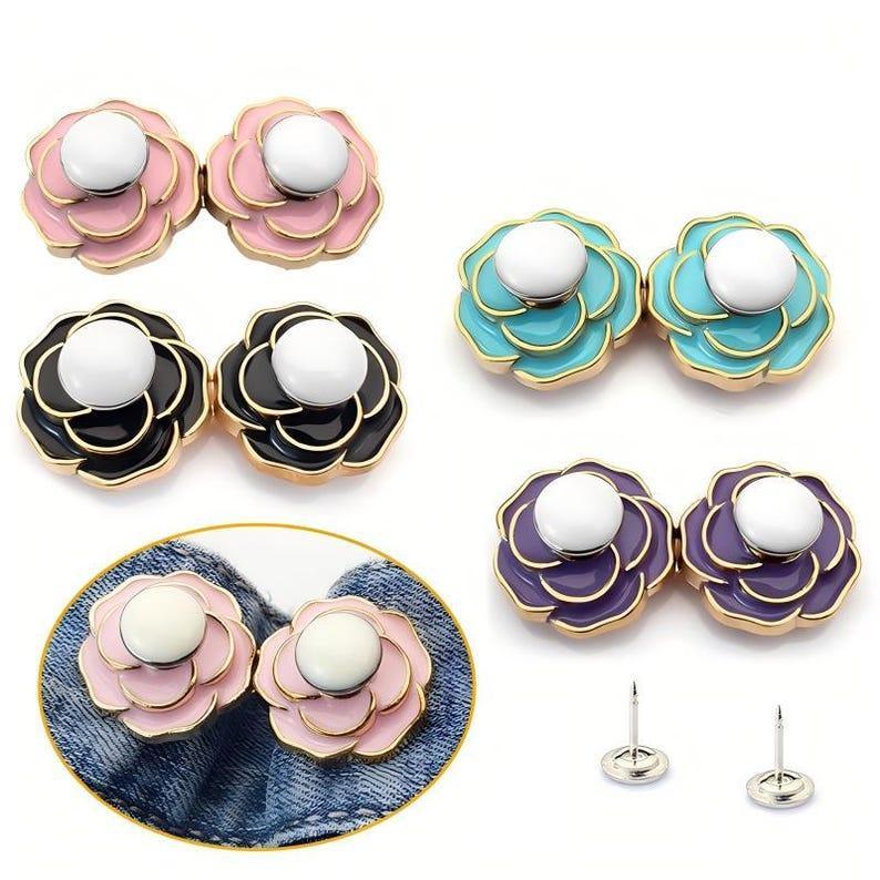 Jeans Waist Button Buckle-2Pcs Camellia Waistband Tightener Adjuster Hook and Eye Clip Clasp Pins for Pant/Skirt/Collar