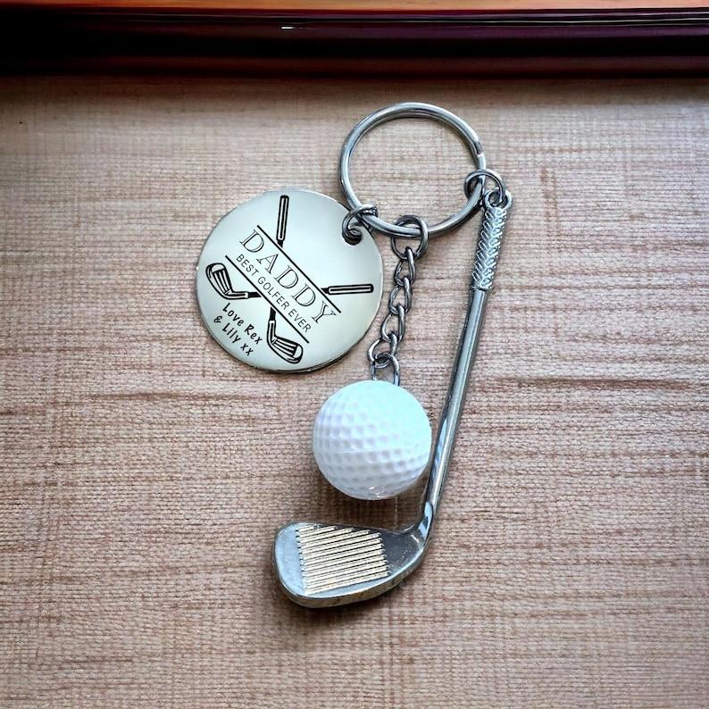 Golf Dad Personalised Keyring, Custom Engraved, Father's Day Gift, Best Golfer Ever, Golf Club, Golf Ball Charm, Daddy