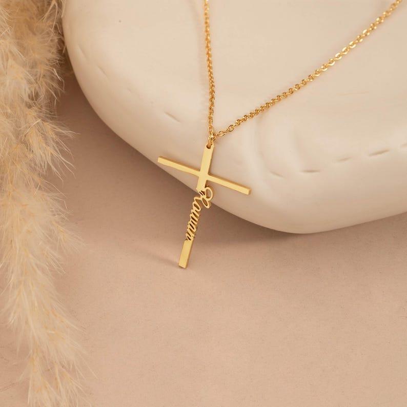 Custom Cross Name Necklace Baptism Gift & Personalized Cross Necklace with Name Christian Gifts for Christening Birthday Gift for Her