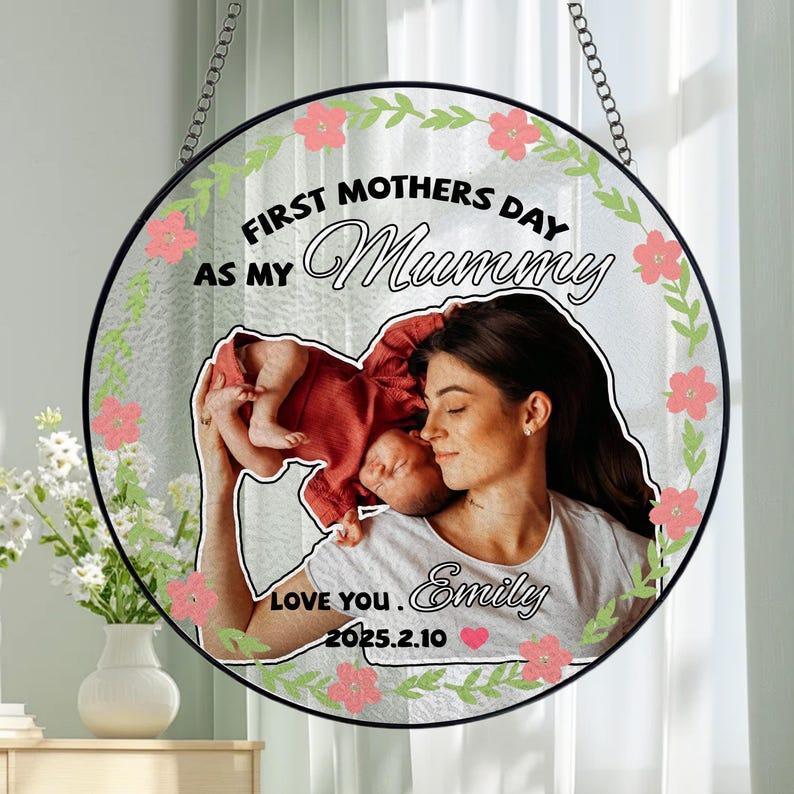 First Mother's Day Suncatcher Custom Stained Glass Keepsake for Mummy Personalized Ornaments Gift for Mother's Day
