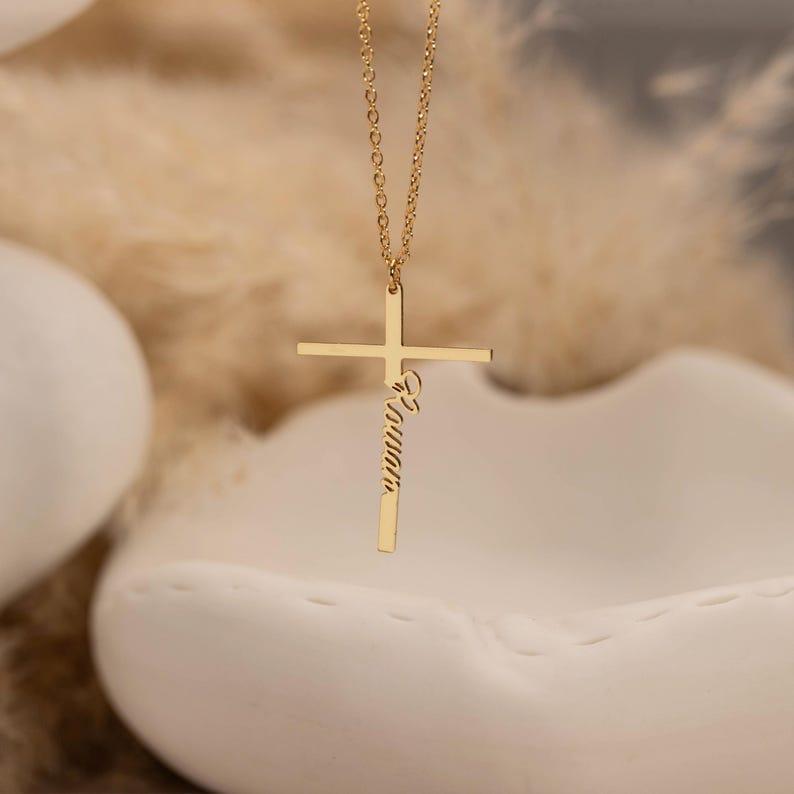 Custom Cross Name Necklace Baptism Gift & Personalized Cross Necklace with Name Christian Gifts for Christening Birthday Gift for Her