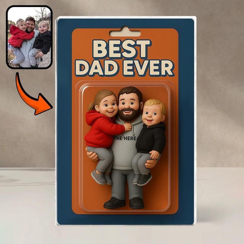 Personalized Father's Day Gift For Dad, Custom Photo Dad And Kids Action Figure Acrylic Block, Best Dad Ever Block Plaque, Gift For Husband
