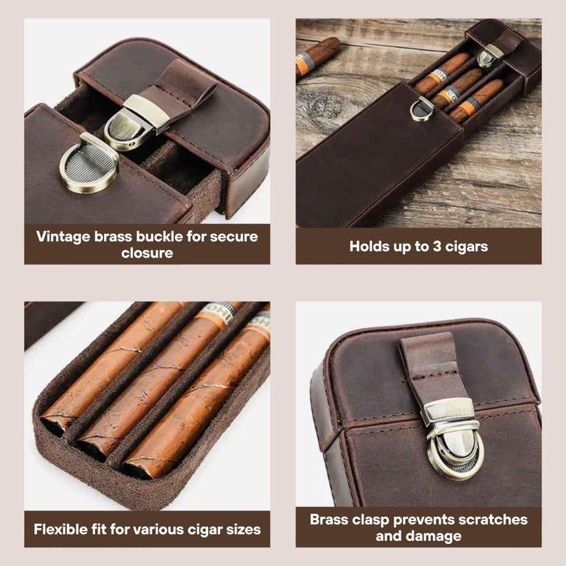 Personalized Leather 3-Slot Cigar Case Custom Full-Grain Leather 3-Cigar Holder Luxury Personalized Cigar Travel Case with Buckle Closure for Men