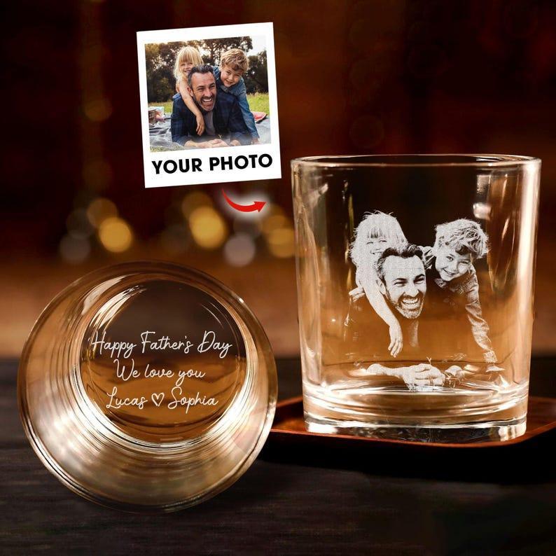 Engraved Whiskey Glass with Custom Photo Text, Custom Father's Day Gift for Dad, Gift for Dad and Husbands, Personalized Photo Whiskey Glass