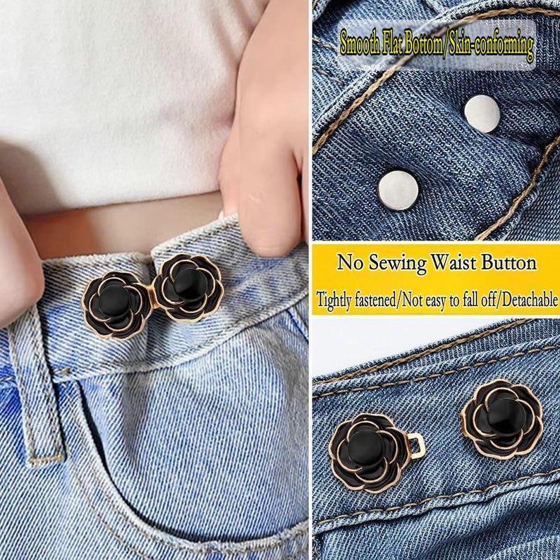 Jeans Waist Button Buckle-2Pcs Camellia Waistband Tightener Adjuster Hook and Eye Clip Clasp Pins for Pant/Skirt/Collar