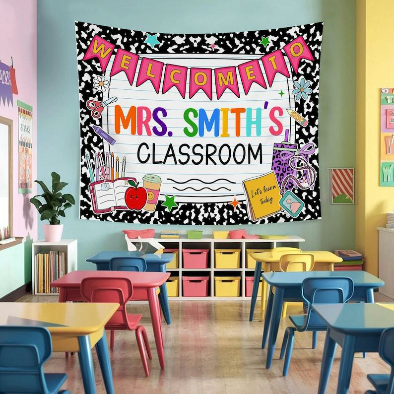 Custom Composition Notebook, Classroom Decor, Welcome Teachers Name Classroom Banner, Teacher Appreciation Gifts, Custom Classroom Tapestry
