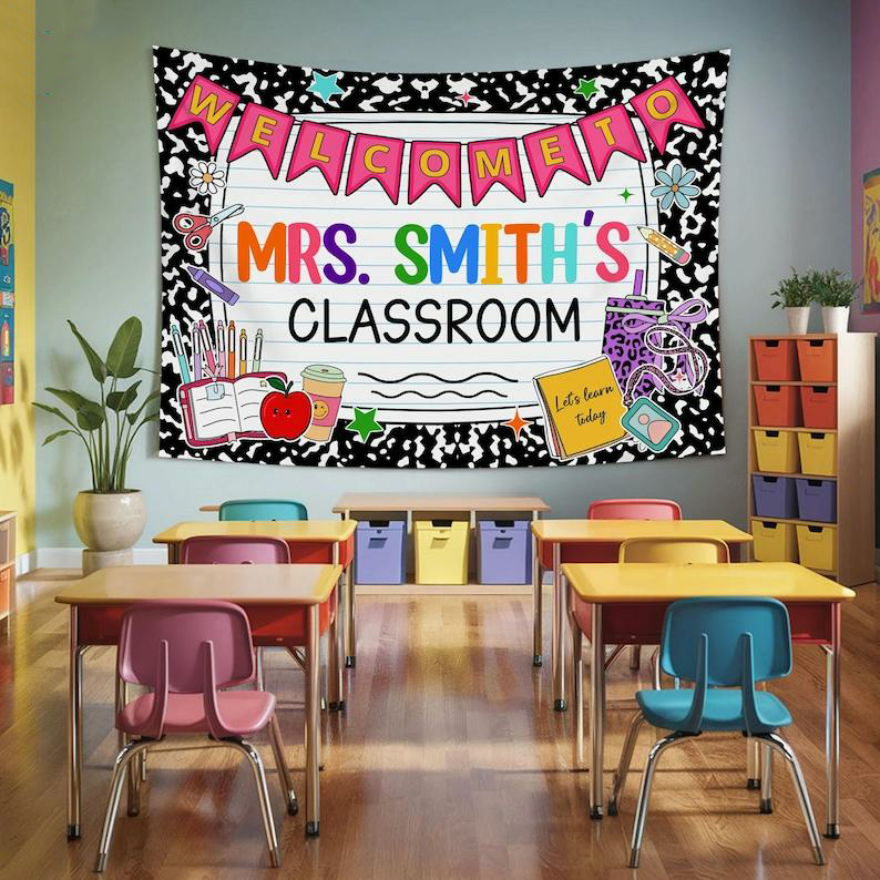 Custom Composition Notebook, Classroom Decor, Welcome Teachers Name Classroom Banner, Teacher Appreciation Gifts, Custom Classroom Tapestry