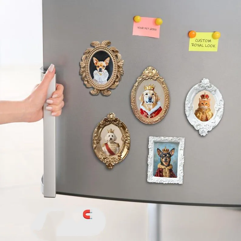 Custom Royal Pet Portrait Fridge Magnet – Personalized Hand-Painted Acrylic Artwork for Cat & Dog Lovers, Unique Gift Idea, Pet Loss