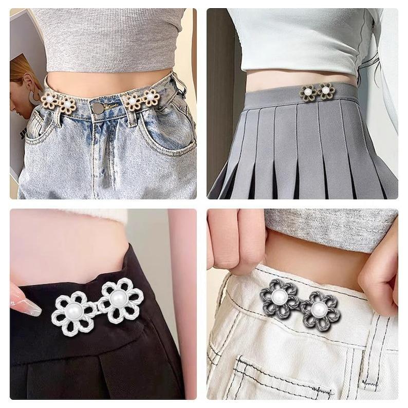 Jeans Waist Button Buckle-2Pcs Flower Pearl Waistband Tightener Adjuster Hook and Eye Clip Clasp Pins for Pant/Skirt/Collar